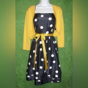 Jessica Howard fit flare mini dress navy blue polka dots yellow tie 14 retro